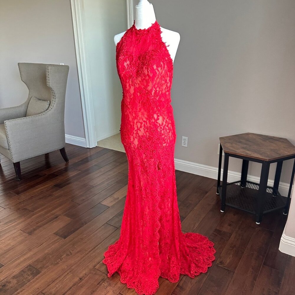 Mori Lee- lace sequin evening gown maxi dress size 2 red high slit halter